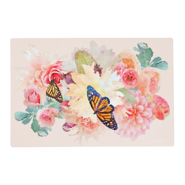 Watercolor Monarch Butterflies In Flower Garden Placemat (Front)