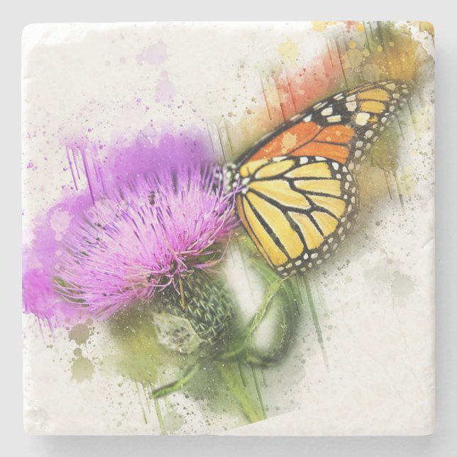 Watercolor Monarch Butterfly and Wildflower Stone Coaster (Front)