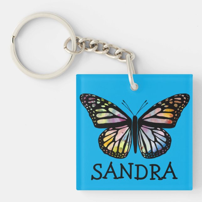 Watercolor Monarch Butterfly blue CUSTOMIZE IT Keychain (Front)