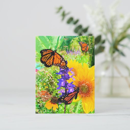 Watercolor Monarch Butterfly Sunflower Garden Postcard Zazzle