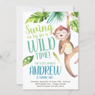 Watercolor Monkey Birthday Party Invitation