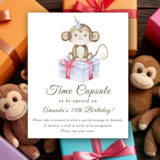 Watercolor Monkey bow Time Capsule 1st birthday Poster