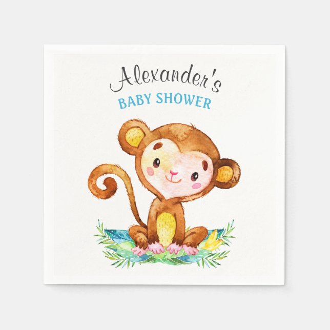 Watercolor Monkey Boy Baby Shower Paper Napkins (Front)