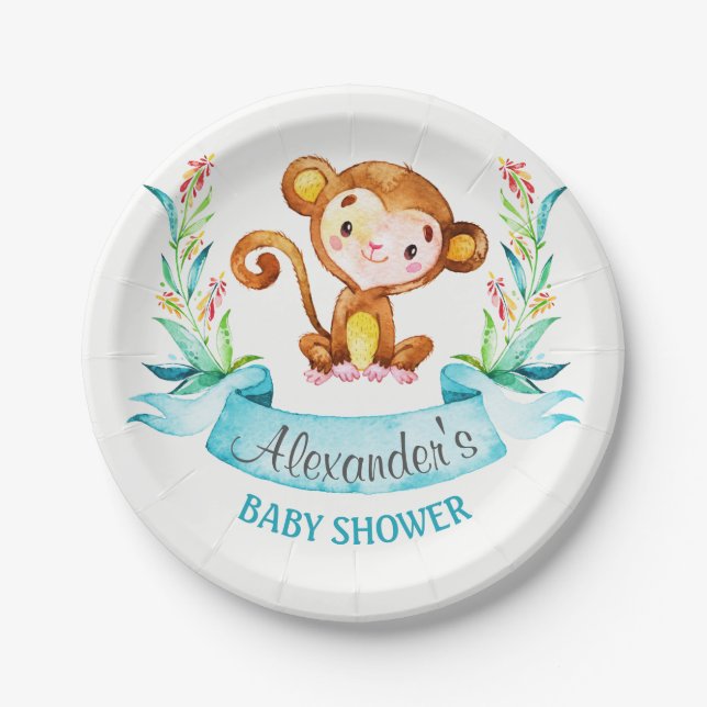 Watercolor Monkey Boy Baby Shower Paper Plates (Front)
