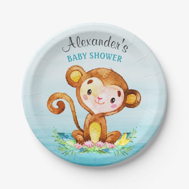 Watercolor Monkey Boy Baby Shower Paper Plates (Front)