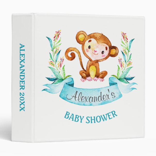 Watercolor Monkey Boy Baby Shower Photo Album Binder (Front/Spine)