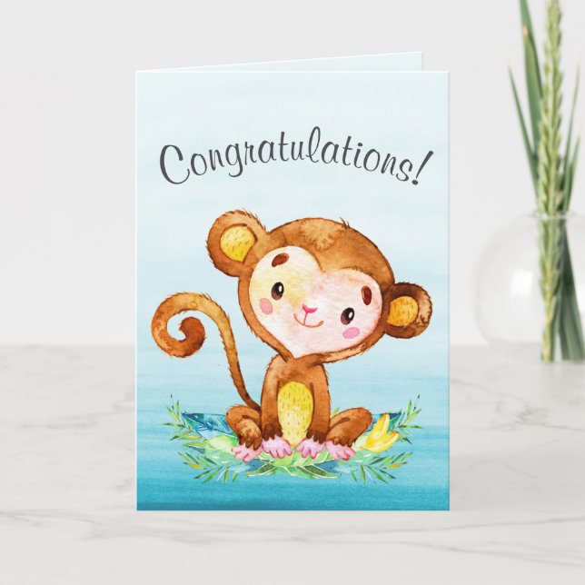 Watercolor Monkey Boy Congratulations Card (Front)