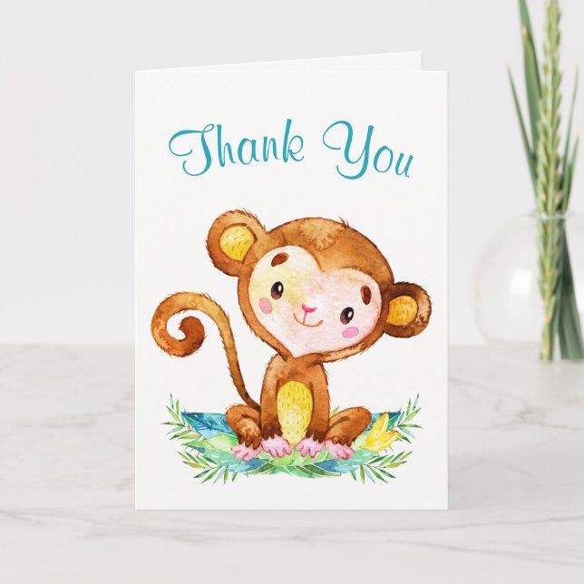 Watercolor Monkey Boy Thank You Card (Front)