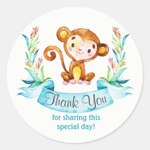 Watercolor Monkey Boy Thank You Classic Round Sticker