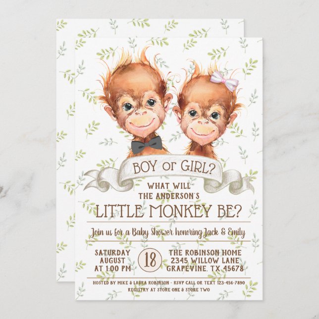 Watercolor Monkey Gender Reveal Invitation (Front/Back)