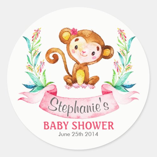 Watercolor Monkey Girl Baby Shower Classic Round Sticker