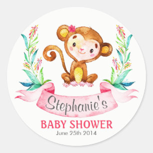 Watercolor Monkey Girl Baby Shower Classic Round Sticker