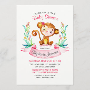 Watercolor Monkey Girl Baby Shower Invitation