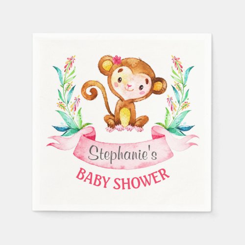 Watercolor Monkey Girl Baby Shower Paper Napkins