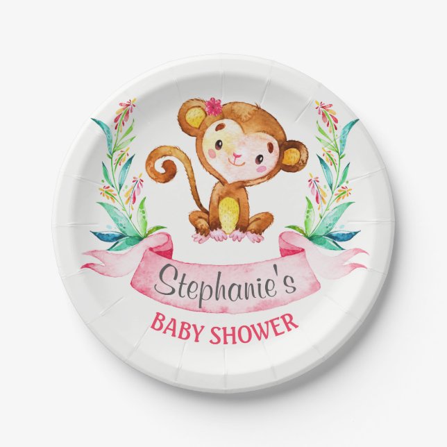 Watercolor Monkey Girl Baby Shower Paper Plates (Front)