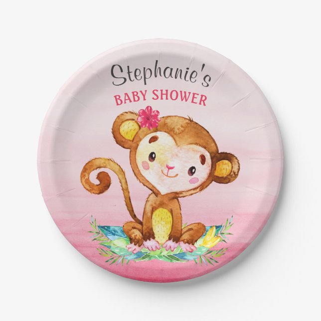 Watercolor Monkey Girl Baby Shower Paper Plates (Front)