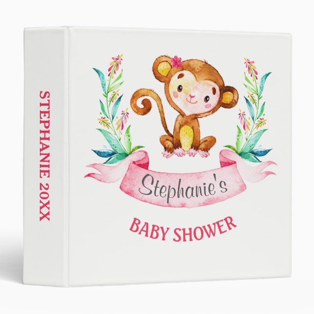 Watercolor Monkey Girl Baby Shower Photo Album Binder (Front/Spine)