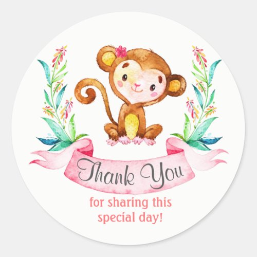 Watercolor Monkey Girl Thank You Classic Round Sticker