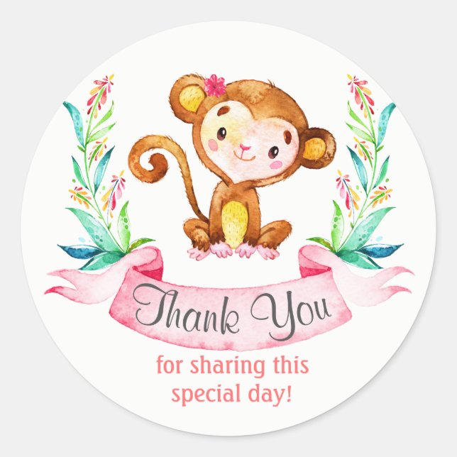 Watercolor Monkey Girl Thank You Classic Round Sticker (Front)