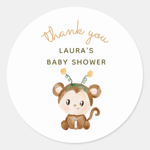 Watercolor Monkey Safari Baby Shower Thank You Classic Round Sticker