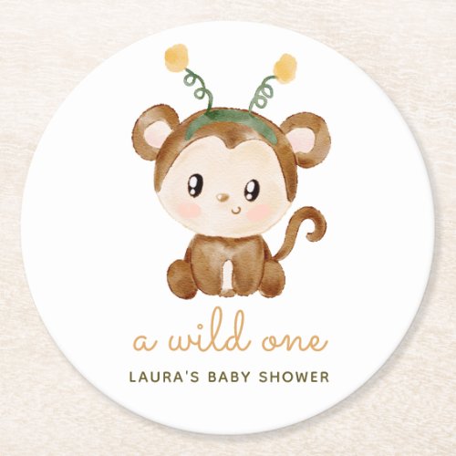 Watercolor Monkey Tropical Leaves Baby Shower Round Paper Coaster