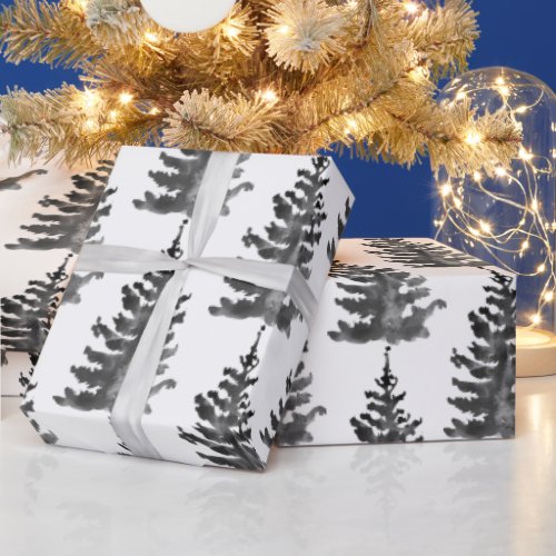 Watercolor Monochrome Winter Christmas Tree Black Wrapping Paper