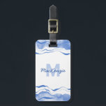 Watercolor Monogram Abstract Blue Agate Luggage Tag<br><div class="desc">Blue and white watercolor painting of abstract ocean waves.
Modern elegant monogram with personalized name and initial.
Add your details to the back.</div>