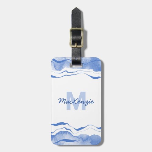 Watercolor Monogram Abstract Blue Agate Luggage Tag