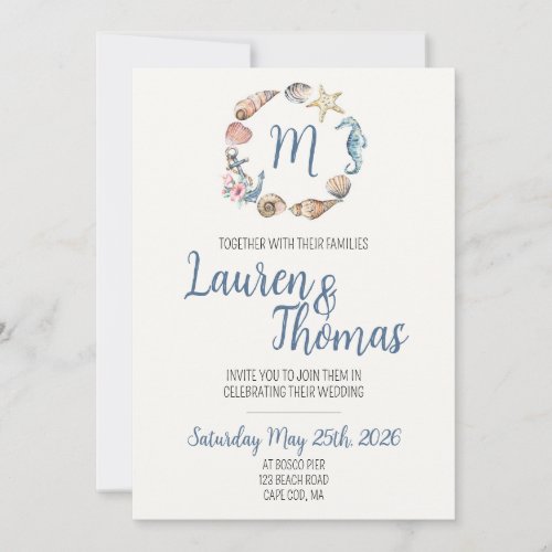 Watercolor Monogram Beachy Wedding Invite