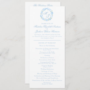 Watercolor Monogram Blue Hydrangea Wreath Wedding Program