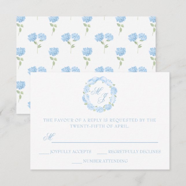 Watercolor Monogram Blue Hydrangea Wreath Wedding RSVP Card (Front/Back)
