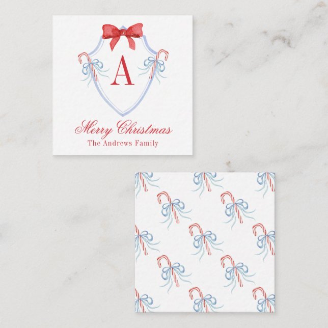 Watercolor Monogram Bow Candy Cane Crest Note Card (Front/Back)