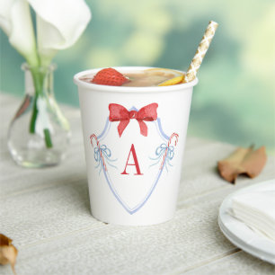 Watercolor Monogram Bow Candy Cane Crest Paper Cups
