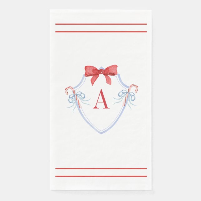 Watercolor Monogram Bow Candy Cane Crest Paper Guest Towels (Front)