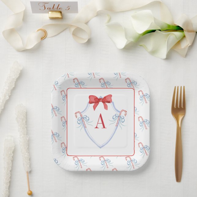Watercolor Monogram Bow Candy Cane Crest Paper Plates (Wedding)