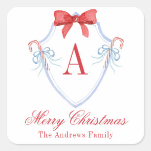 Watercolor Monogram Bow Candy Cane Crest Square Sticker