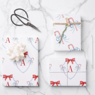 Watercolor Monogram Bow Candy Cane Crest Wrapping Paper Sheets
