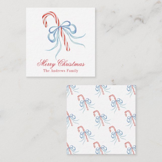 Watercolor Monogram Bow Candy Cane Enclosure Note Card (Front/Back)