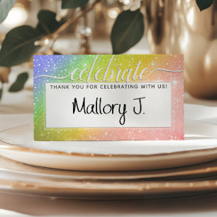 🌈 Watercolor Monogram CELEBRATE Rainbow  Place Card
