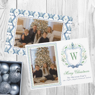 Watercolor Monogram Chinoiserie Jar Crest Photo Holiday Card