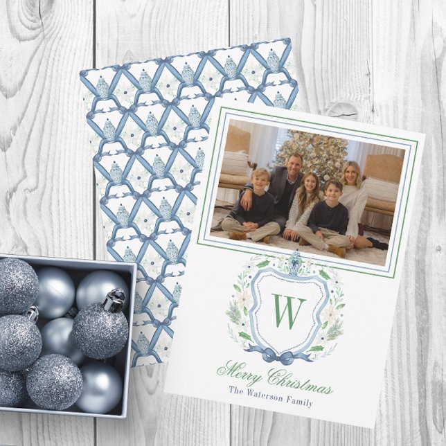 Watercolor Monogram Chinoiserie Jar Crest Photo Holiday Card (Creator Uploaded)