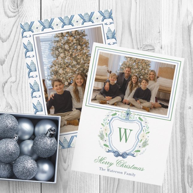 Watercolor Monogram Chinoiserie Jar Crest Photo Holiday Card (Creator Uploaded)
