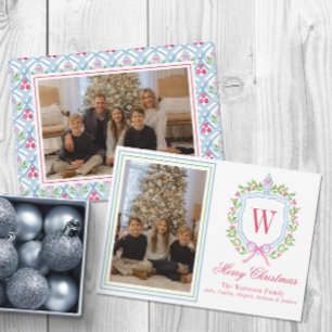 Watercolor Monogram Chinoiserie Jar Crest Photo Holiday Card