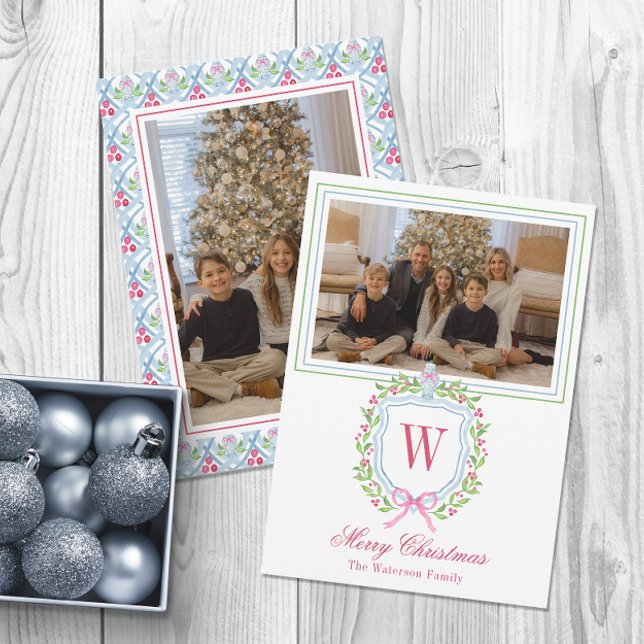 Watercolor Monogram Chinoiserie Jar Crest Photo Holiday Card (Creator Uploaded)