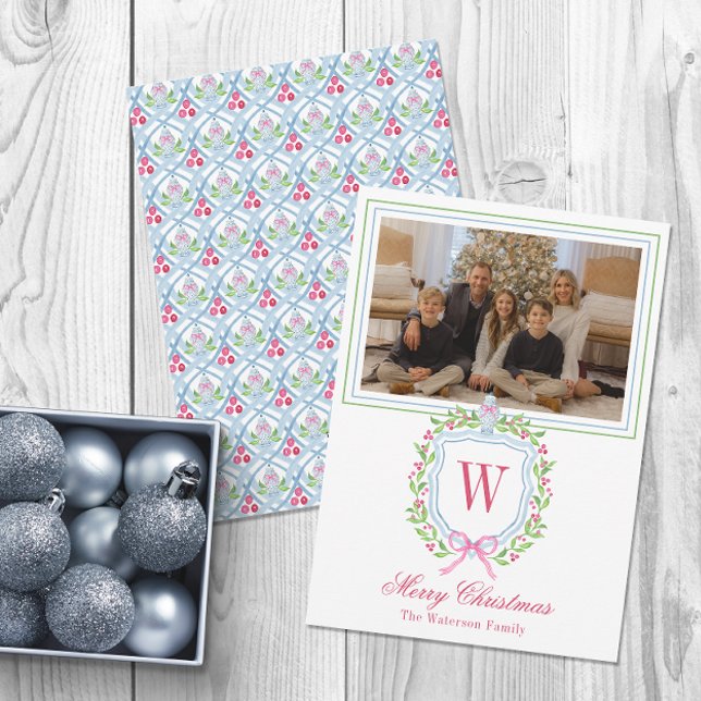 Watercolor Monogram Chinoiserie Jar Crest Photo Holiday Card (Creator Uploaded)