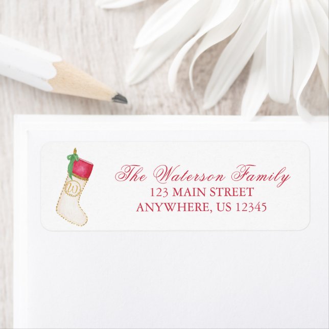 Watercolor Monogram Christmas Stocking Address Label (Insitu)