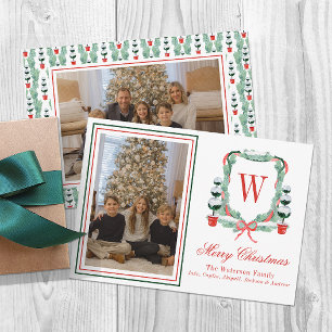 Watercolor Monogram Christmas Topiary Crest Photo Holiday Card