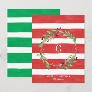 Watercolor Monogram Christmas Wreath Striped Note Card