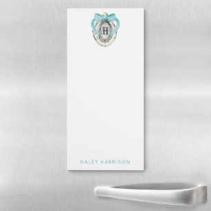 Watercolor Monogram Coastal Blue Bow Oyster Magnetic Notepad