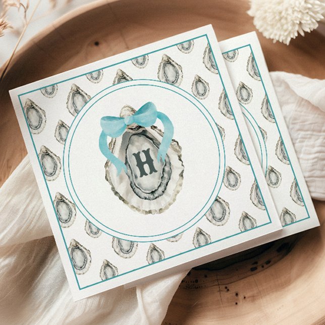 Watercolor Monogram Coastal Blue Bow Oyster Napkins (Creator Uploaded)